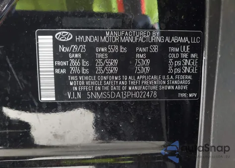 2023 Hyundai Santa Fe Hybrid Limited z USA, uszkodzony, nr VIN 5NMS5DA13PH022478